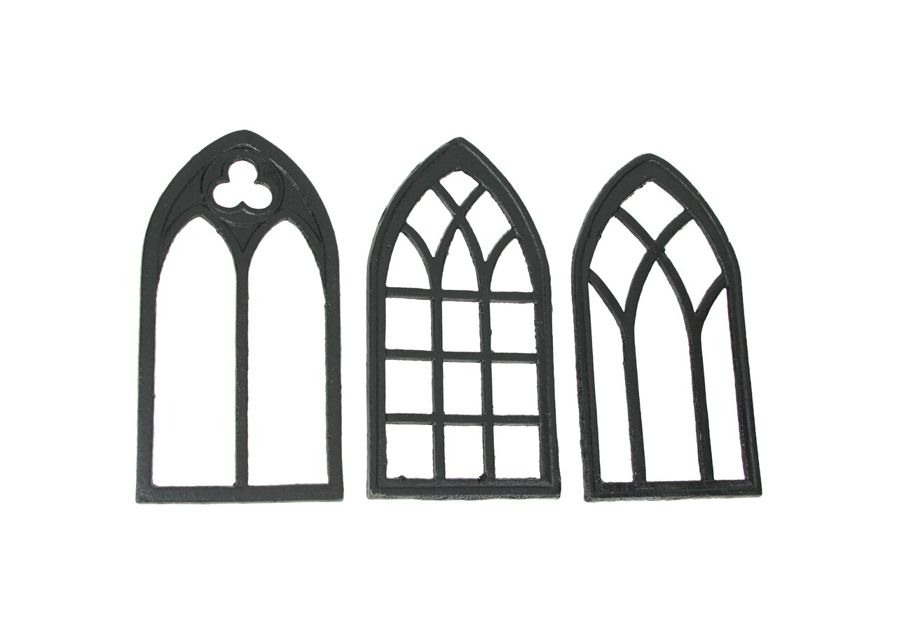 Set of 3 Black Cast Iron Gothic Cathedral Window Decorative Wall Hangings